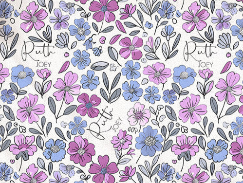 The image is a repeating pattern of various flowers and leaves in shades of purple, blue, and pink.