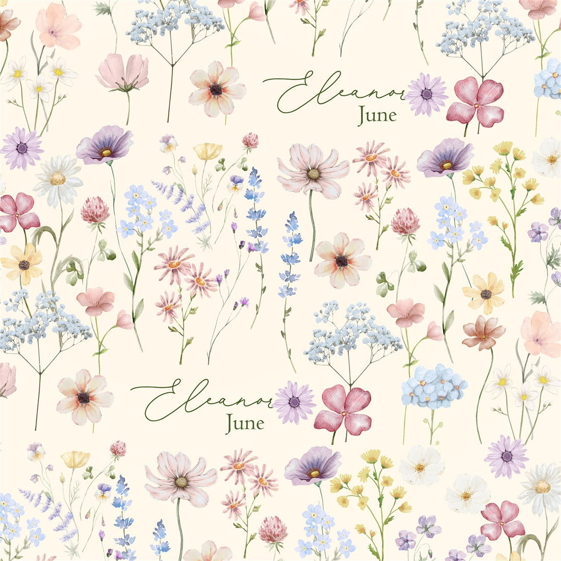 The image is a collage of various watercolor flowers and plants, each with different colors and shapes, arranged in a repeating pattern. The text "Elana June" is written in cursive above the flowers, indicating the names of the flowers or plants.