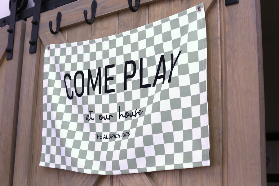 "Come Play" Sage Green Checked Tapestry Banner for Kids