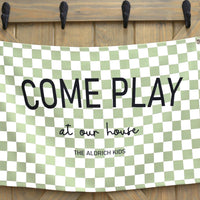 "Come Play" Sage Green Checked Tapestry Banner for Kids