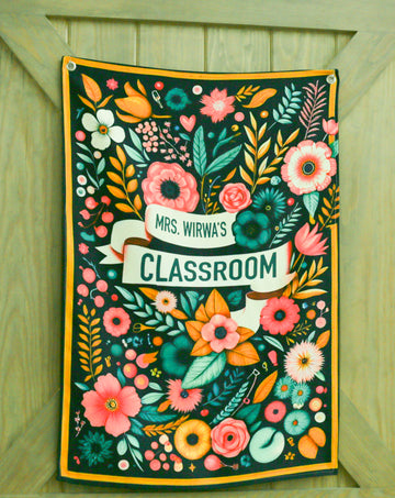 Wall Hanging Tapestry Banner For Teacher Vibrant Blue Colorful Florals