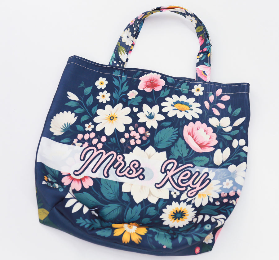 Teacher Appreciation Tote Bag Custom  Name  Navy Floral End Of Year Gift For Educators