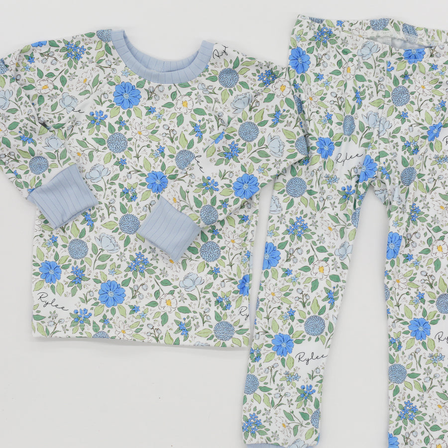 Blue English Floral Personalized Pajamas for Girls - Soft, Comfy Baby PJs