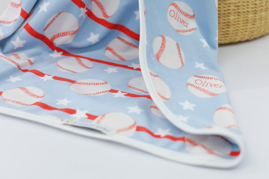 Little Slugger Light Blue Baseball Minky Personalized Baby Blanket