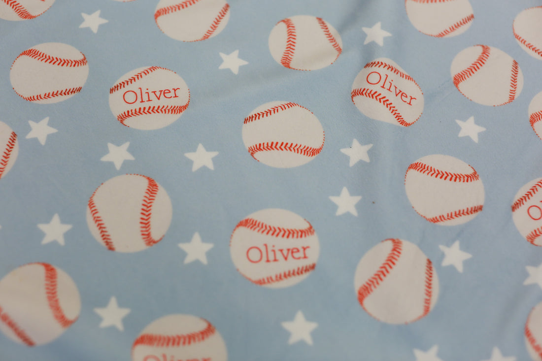 Little Slugger Light Blue Baseball Minky Personalized Baby Blanket