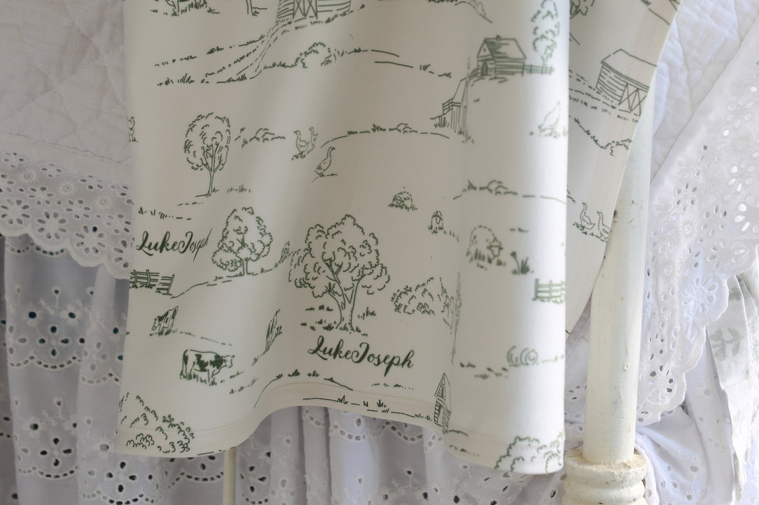 Farmhouse Toile Personalized Baby Boy Keepsake Blanket -Blue or Green Farm Nursery Gift
