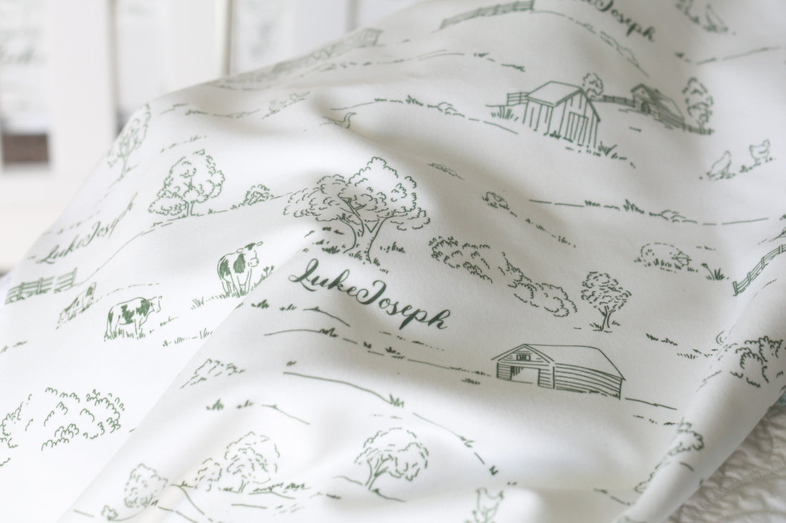 Farmhouse Toile Personalized Baby Boy Keepsake Blanket -Blue or Green Farm Nursery Gift