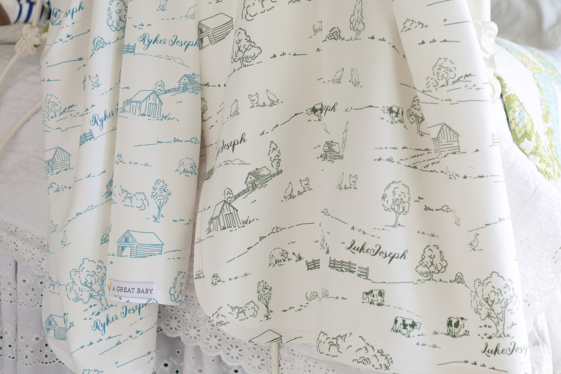 Farmhouse Toile Personalized Baby Boy Keepsake Blanket -Blue or Green Farm Nursery Gift