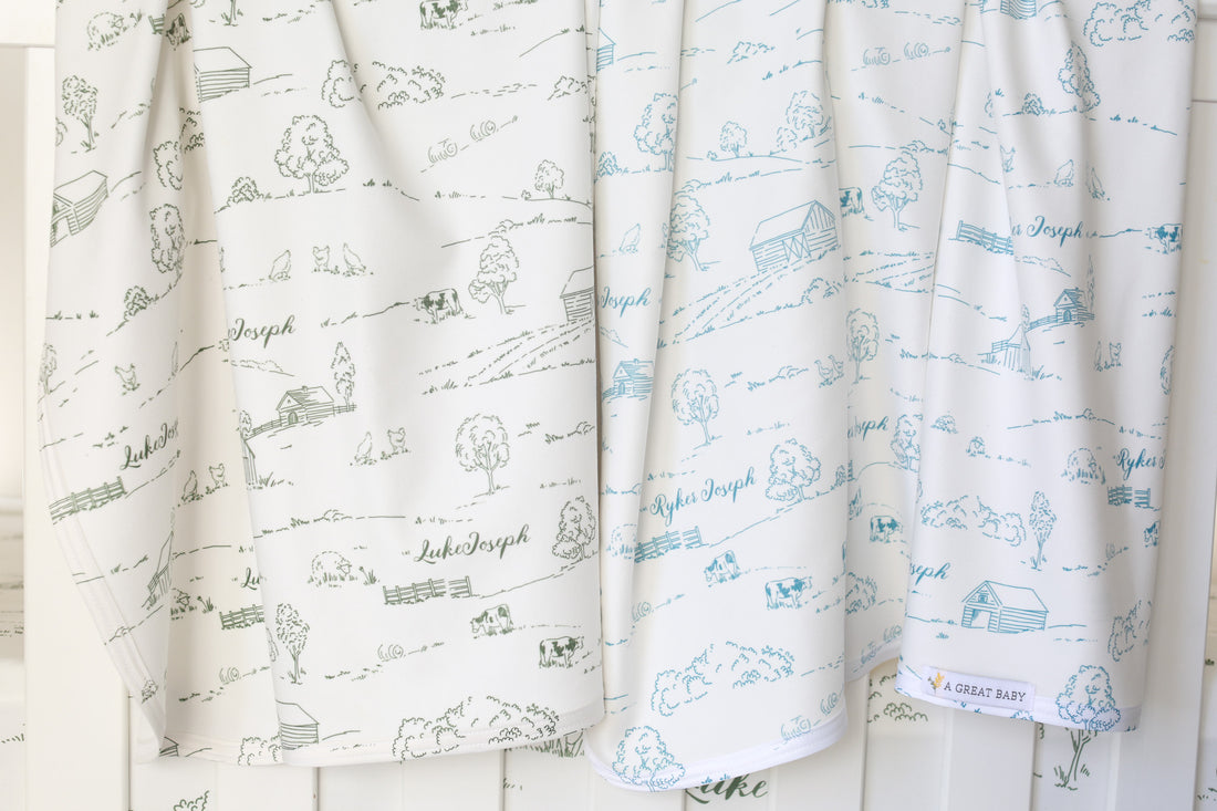 Farmhouse Toile Personalized Baby Boy Keepsake Blanket -Blue or Green Farm Nursery Gift