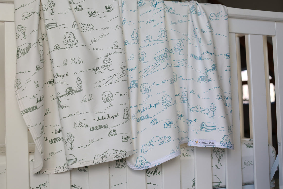 Farmhouse Toile Personalized Baby Boy Keepsake Blanket -Blue or Green Farm Nursery Gift
