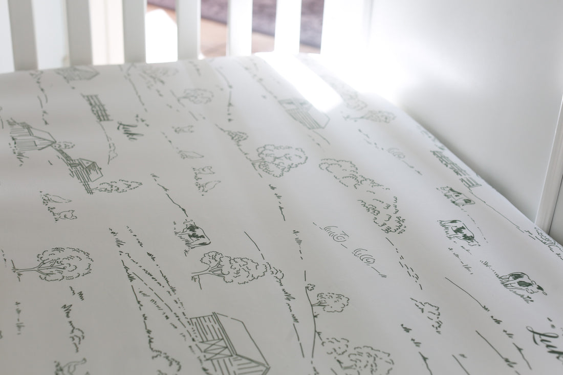 Farmhouse Toile Baby Boy Crib Sheet - Personalized Farm Nursery Bedding Blue or Green