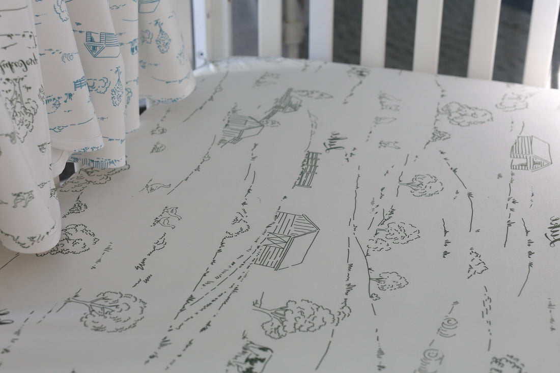Farmhouse Toile Baby Boy Crib Sheet - Personalized Farm Nursery Bedding Blue or Green