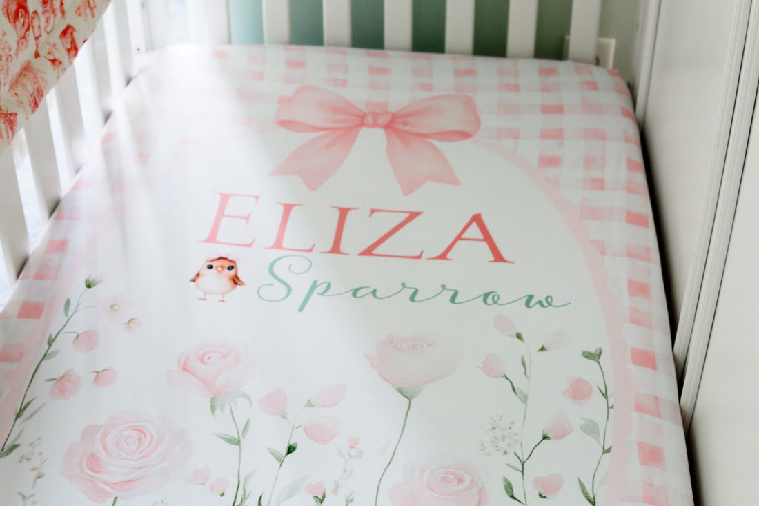 Woodland Fairies Personalized Crib Sheet, Pink Ribbon Floral Baby Girl Nursery Bedding