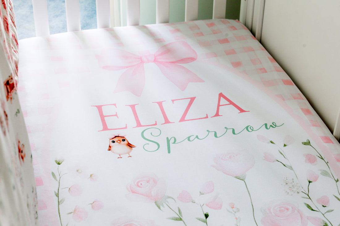Woodland Fairies Personalized Crib Sheet, Pink Ribbon Floral Baby Girl Nursery Bedding