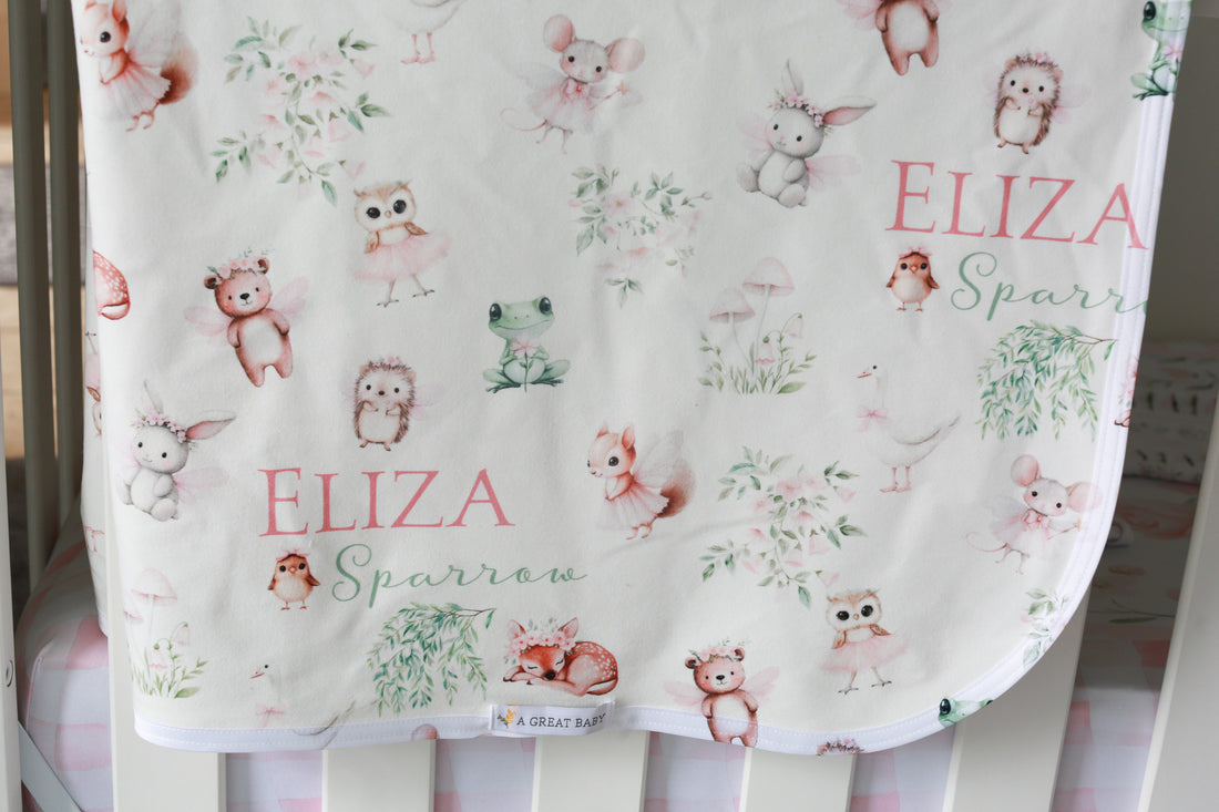 Personalized Baby Blanket – Woodland Animal Blanket with Satin Trim Edge, Pink Keepsake