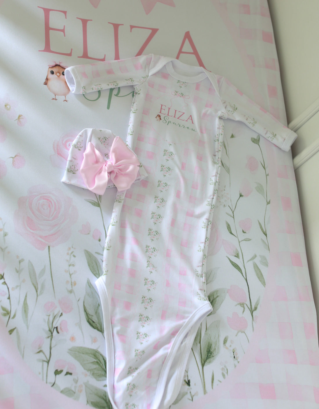 Woodland Fairies Personalized Baby Gown, Pink Ribbon Newborn Tie Bottom Sleeper Outfit