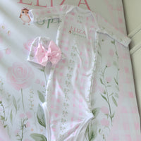 Woodland Fairies Personalized Baby Gown, Pink Ribbon Newborn Tie Bottom Sleeper Outfit