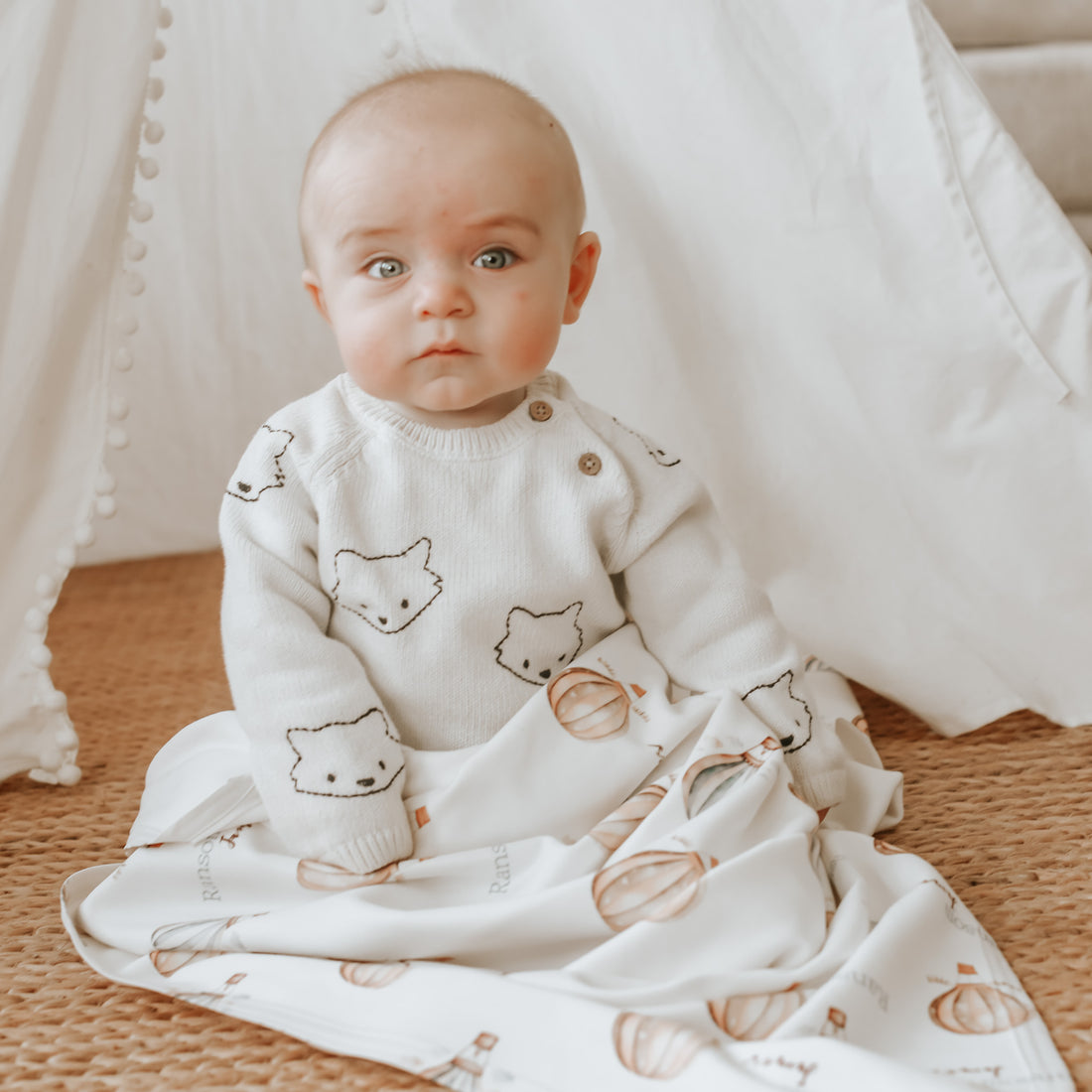 Vintage Hot Air Balloon Keepsake Baby Receiving Blanket with Satin Trim – Personalized Heirloom Gift