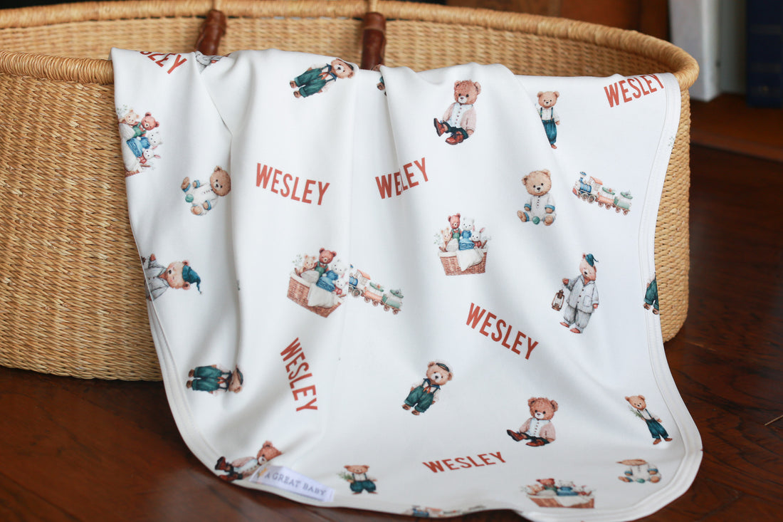 Teddy Bear Blankie - Personalized Baby Keepsake Blanket with Satin Trim, Soft Plush Comforter