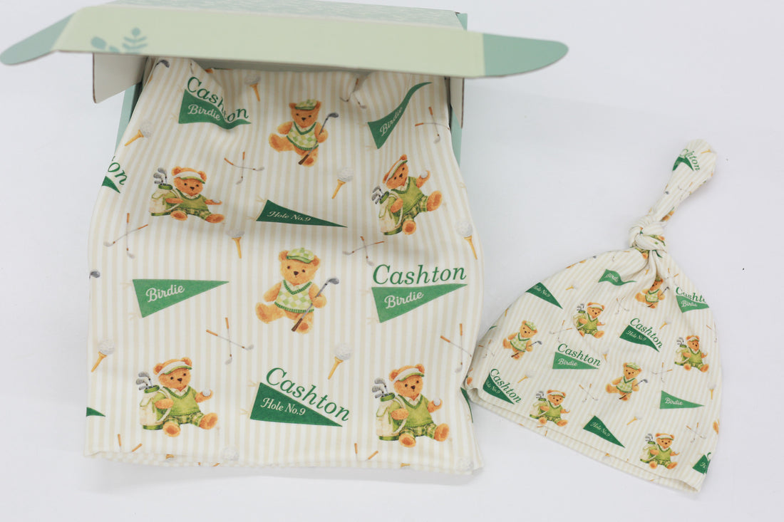 Personalized Baby Boy Set – Golfing Teddy Bear Complete Layette Set Gift for Golfer With Keepsake Blankie