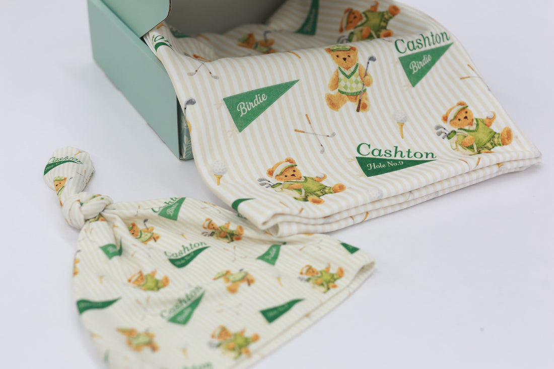 Personalized Baby Boy Set – Golfing Teddy Bear Complete Layette Set Gift for Golfer With Keepsake Blankie