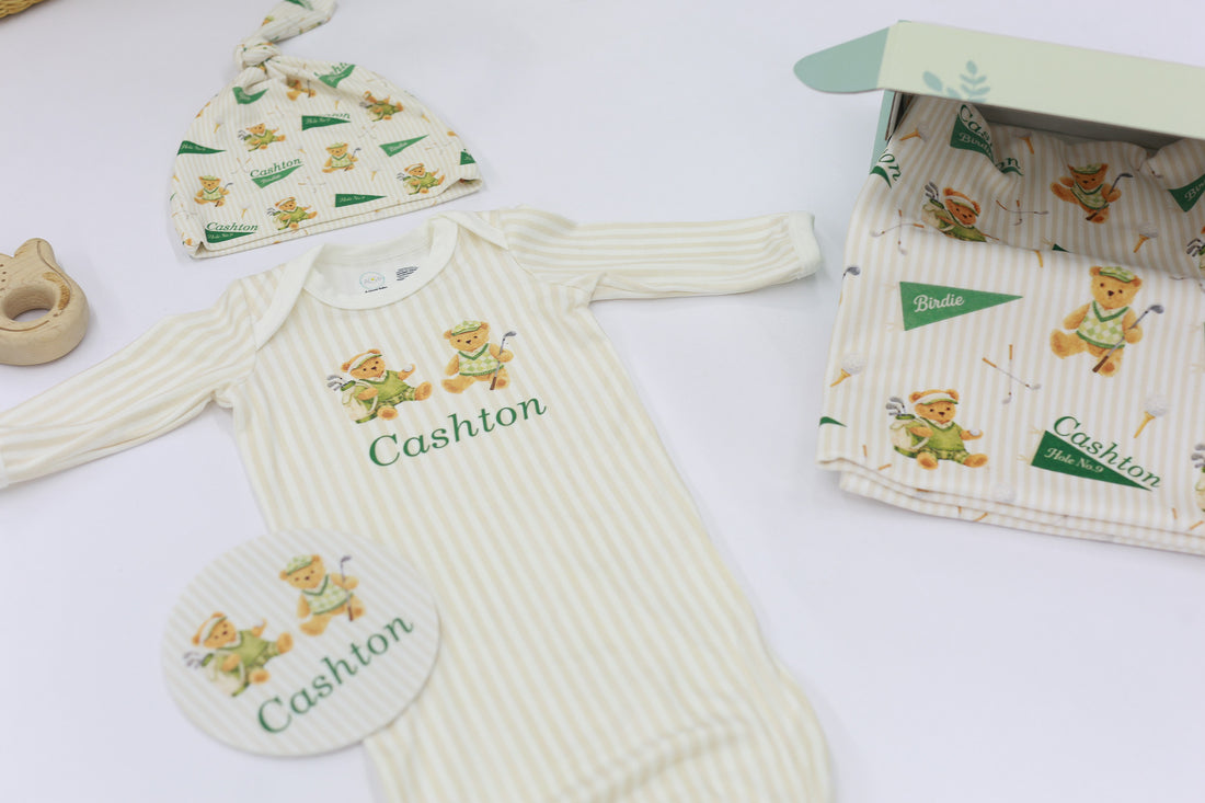 Teddy Bear Golf Baby Gown Tied Bottom Gown With Vintage Golfing Teddies