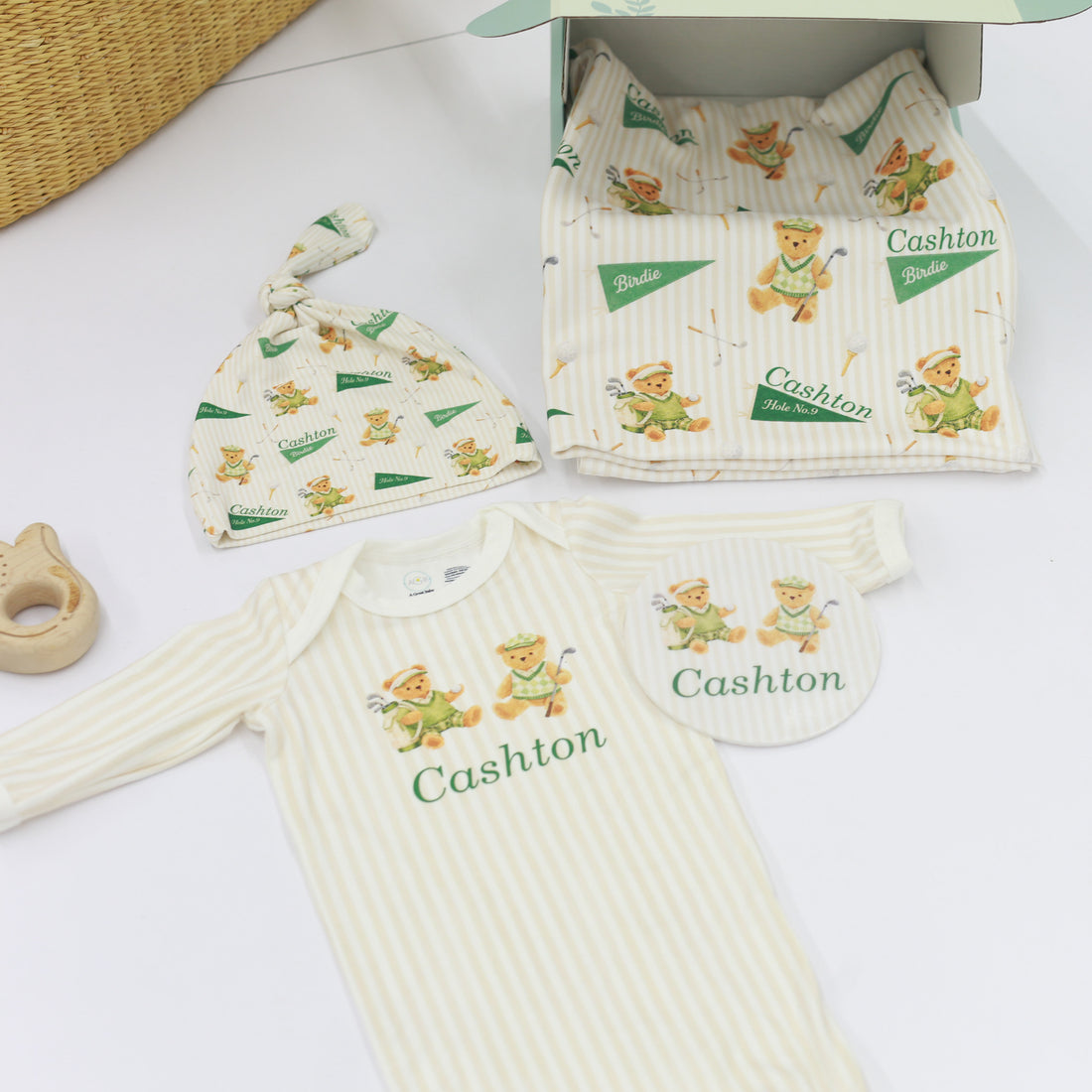 Personalized Baby Boy Set – Golfing Teddy Bear Complete Layette Set Gift for Golfer With Keepsake Blankie