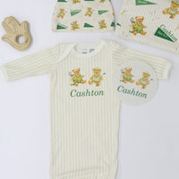 Teddy Bear Golf Baby Gown Tied Bottom Gown With Vintage Golfing Teddies