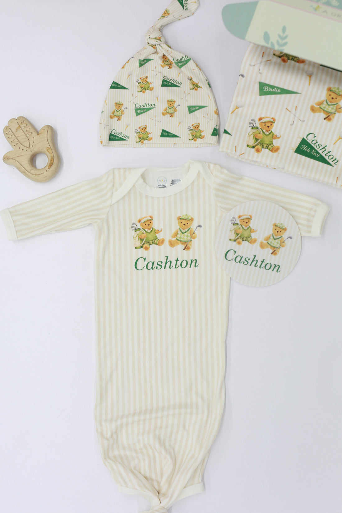 Personalized Baby Boy Set – Golfing Teddy Bear Complete Layette Set Gift for Golfer With Keepsake Blankie