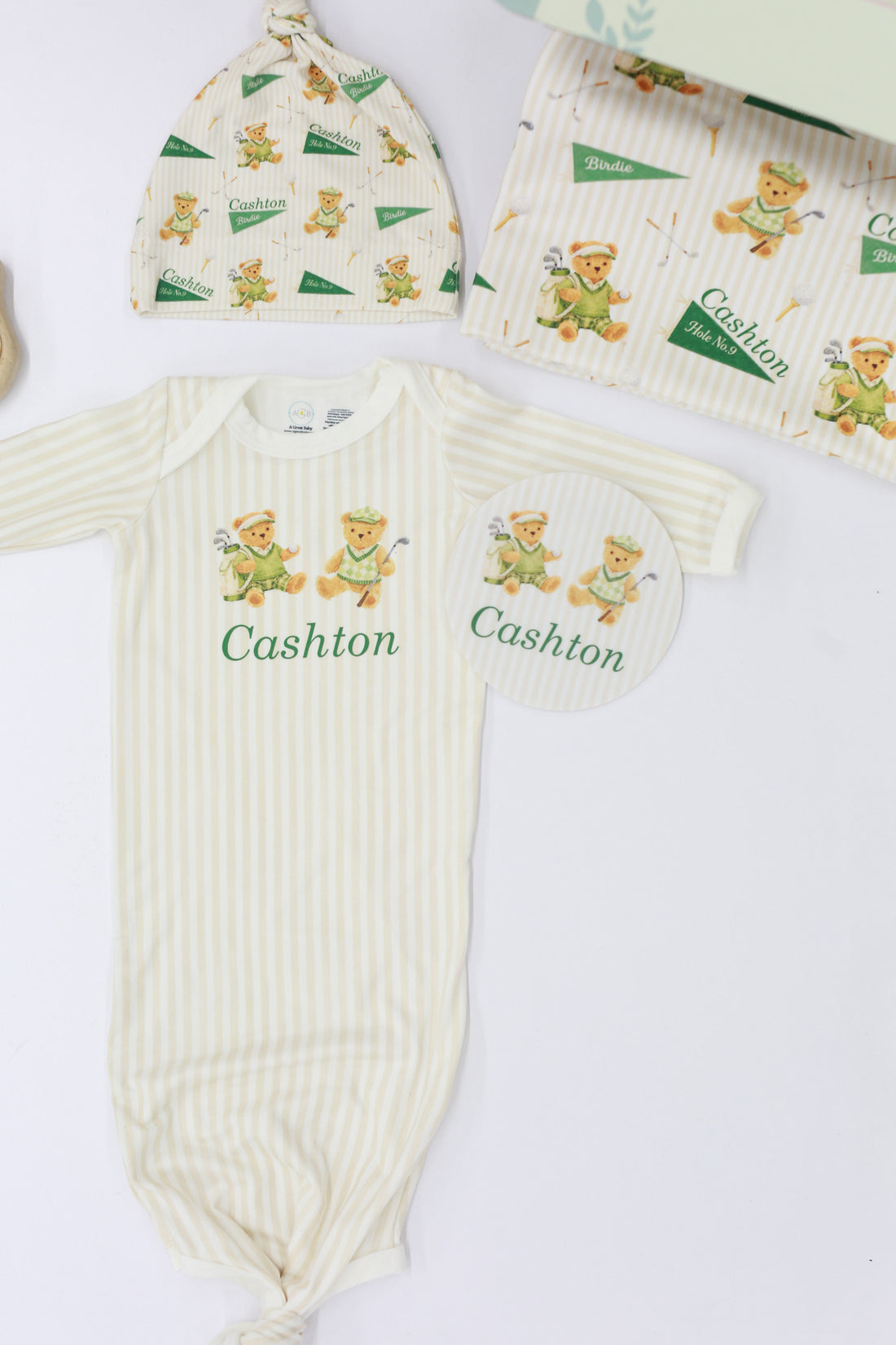 Teddy Bear Golf Baby Gown Tied Bottom Gown With Vintage Golfing Teddies