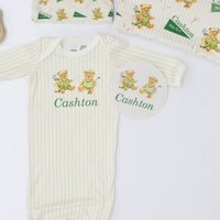 Teddy Bear Golf Baby Gown Tied Bottom Gown With Vintage Golfing Teddies