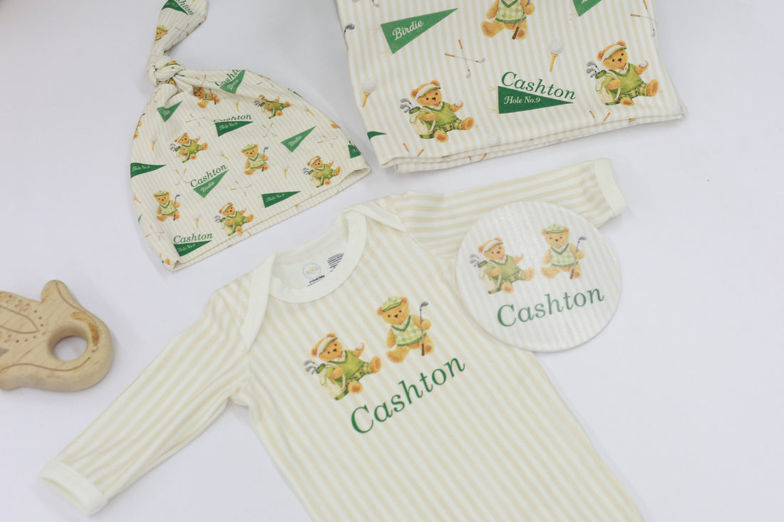 Personalized Baby Boy Set – Golfing Teddy Bear Complete Layette Set Gift for Golfer With Keepsake Blankie