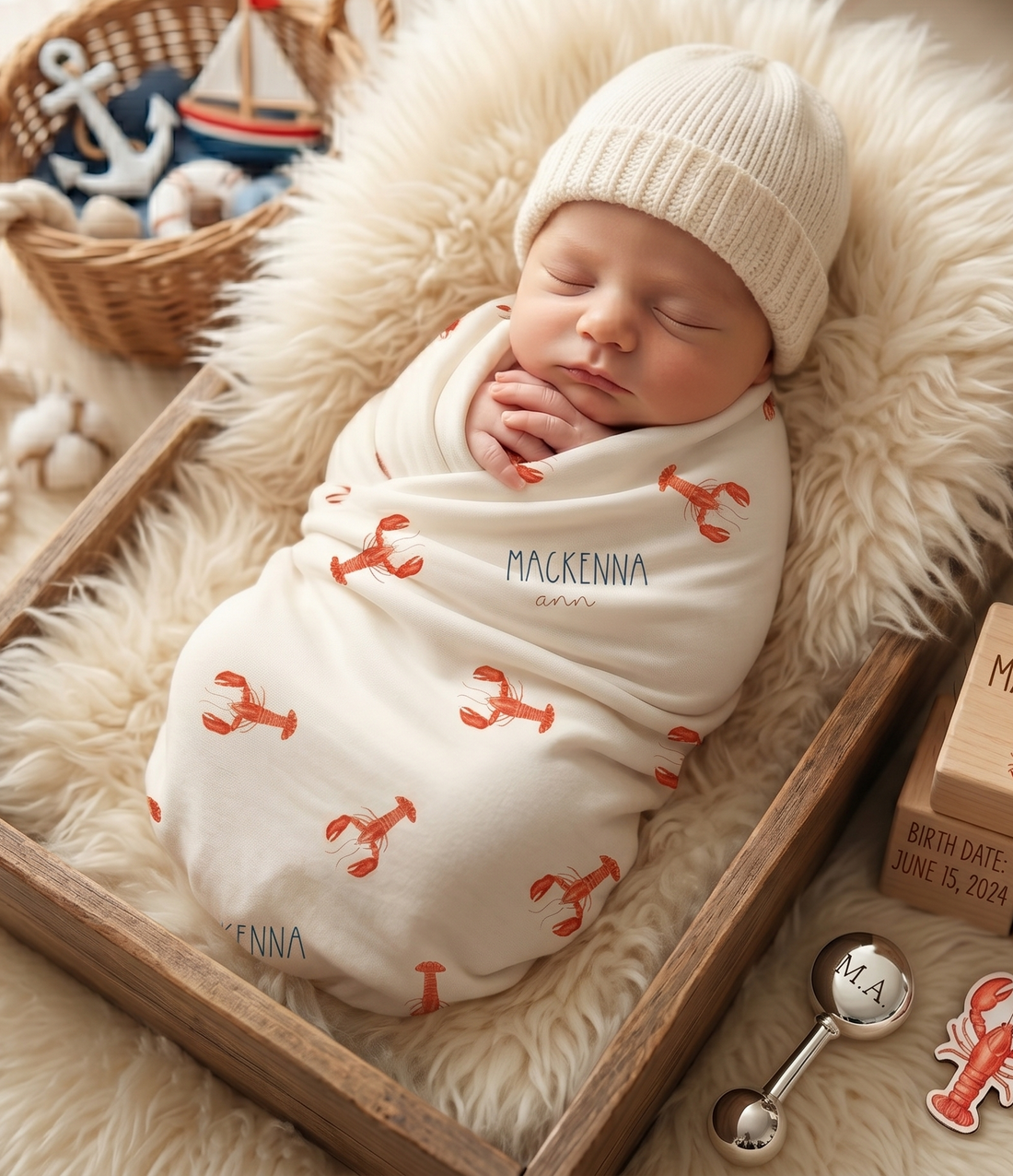 A newborn baby swaddled in a white blanket with red lobster patterns is peacefully sleeping in a wooden crate, surrounded by various baby items.