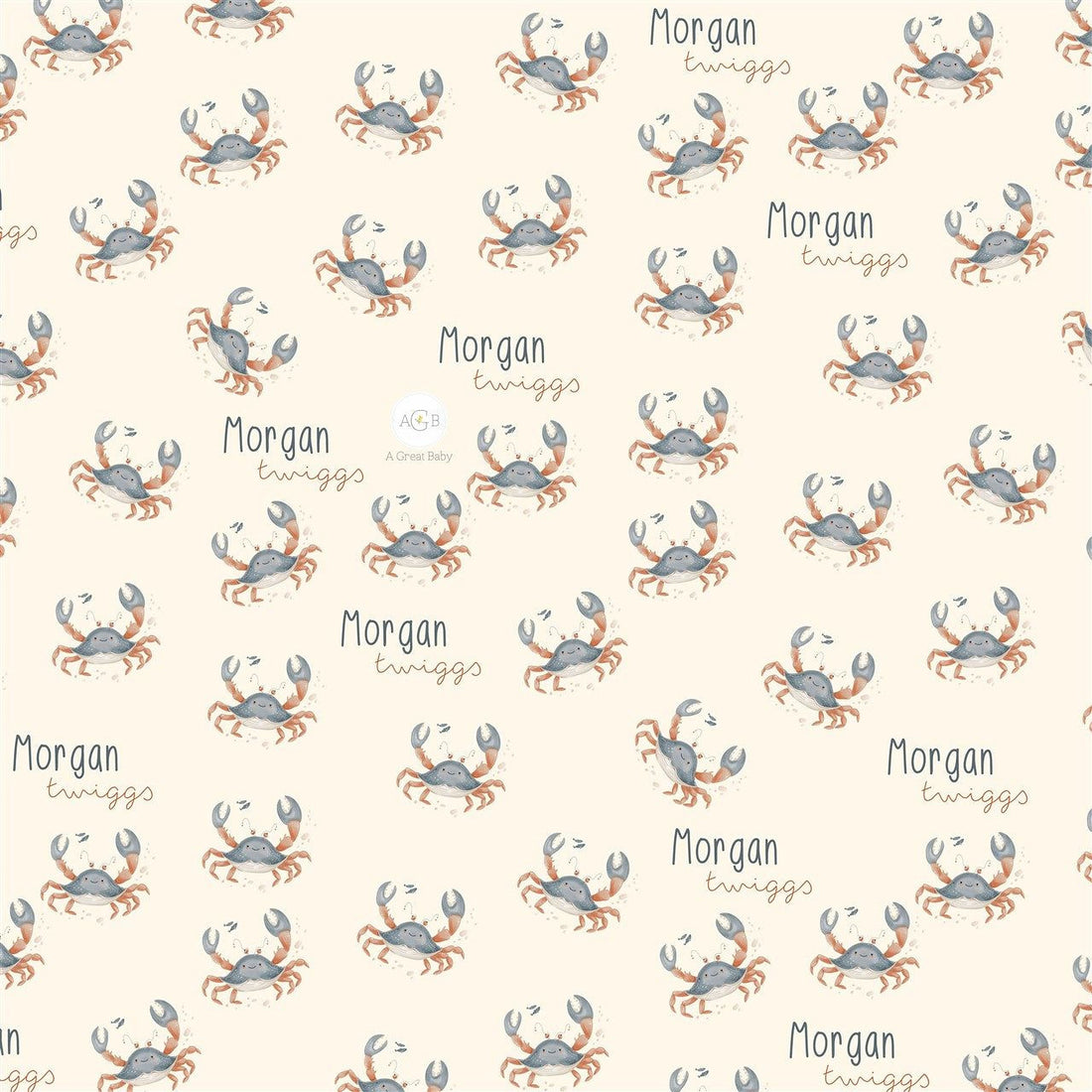 a repeating pattern of small crabs or lobsters, each with the name "Morgan" written on it. The pattern is composed of multiple instances of the same crab or lobster, creating a visually cohesive and repetitive design.