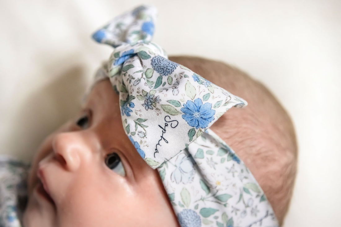 Personalized Baby Blanket - Blue Floral Receiving Blanket with Satin Trim
