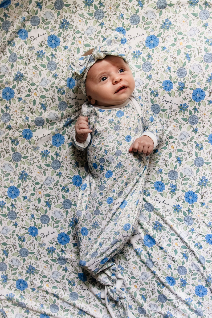 Blue Floral Baby Gown - Personalized, Soft, Newborn Gift