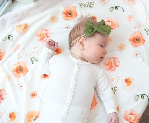 blush peony floral baby swaddle with name
