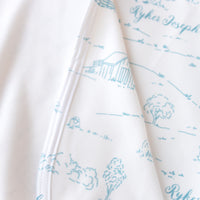 Farmhouse Toile Personalized Baby Boy Keepsake Blanket -Blue or Green Farm Nursery Gift