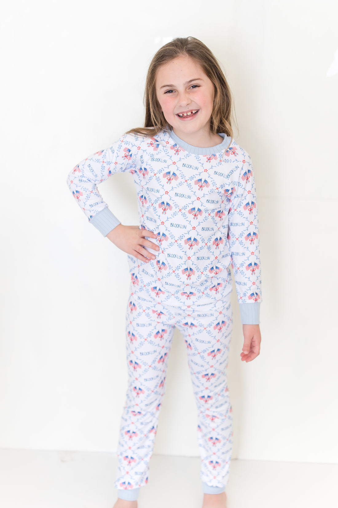Best Patriotic Girl Gift | Personalized Grandmillennial American Flag Pajamas for Girls