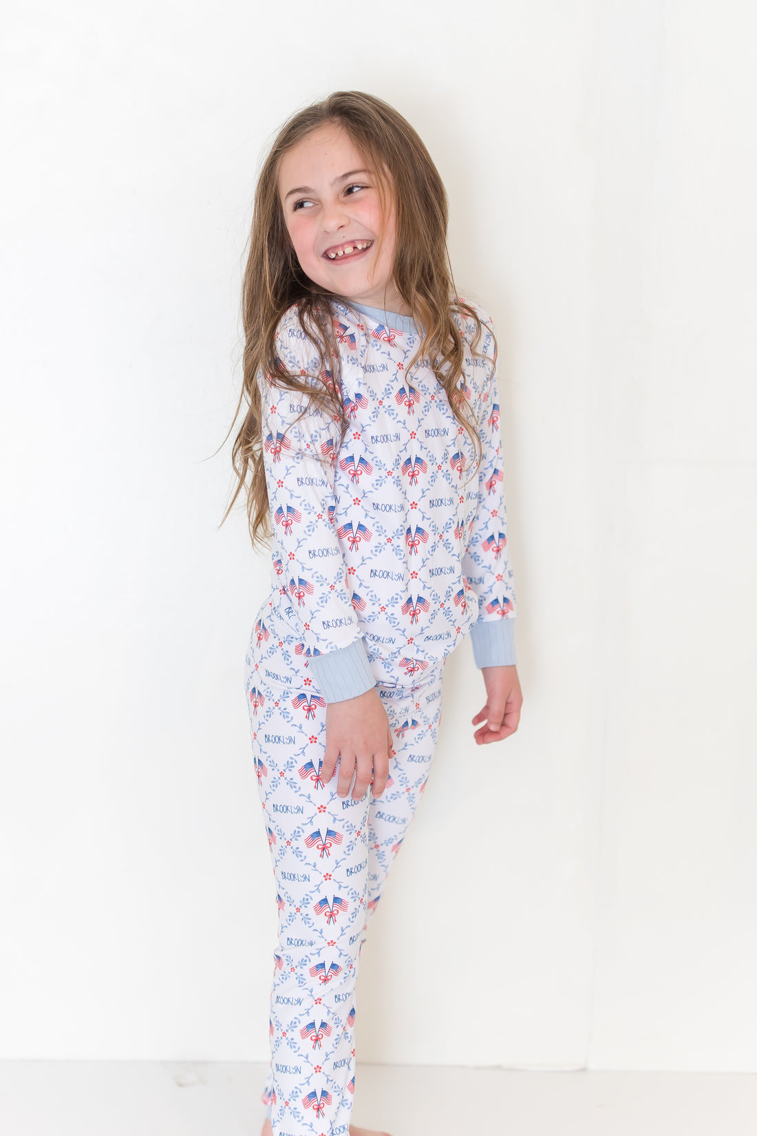 Best Patriotic Girl Gift | Personalized Grandmillennial American Flag Pajamas for Girls