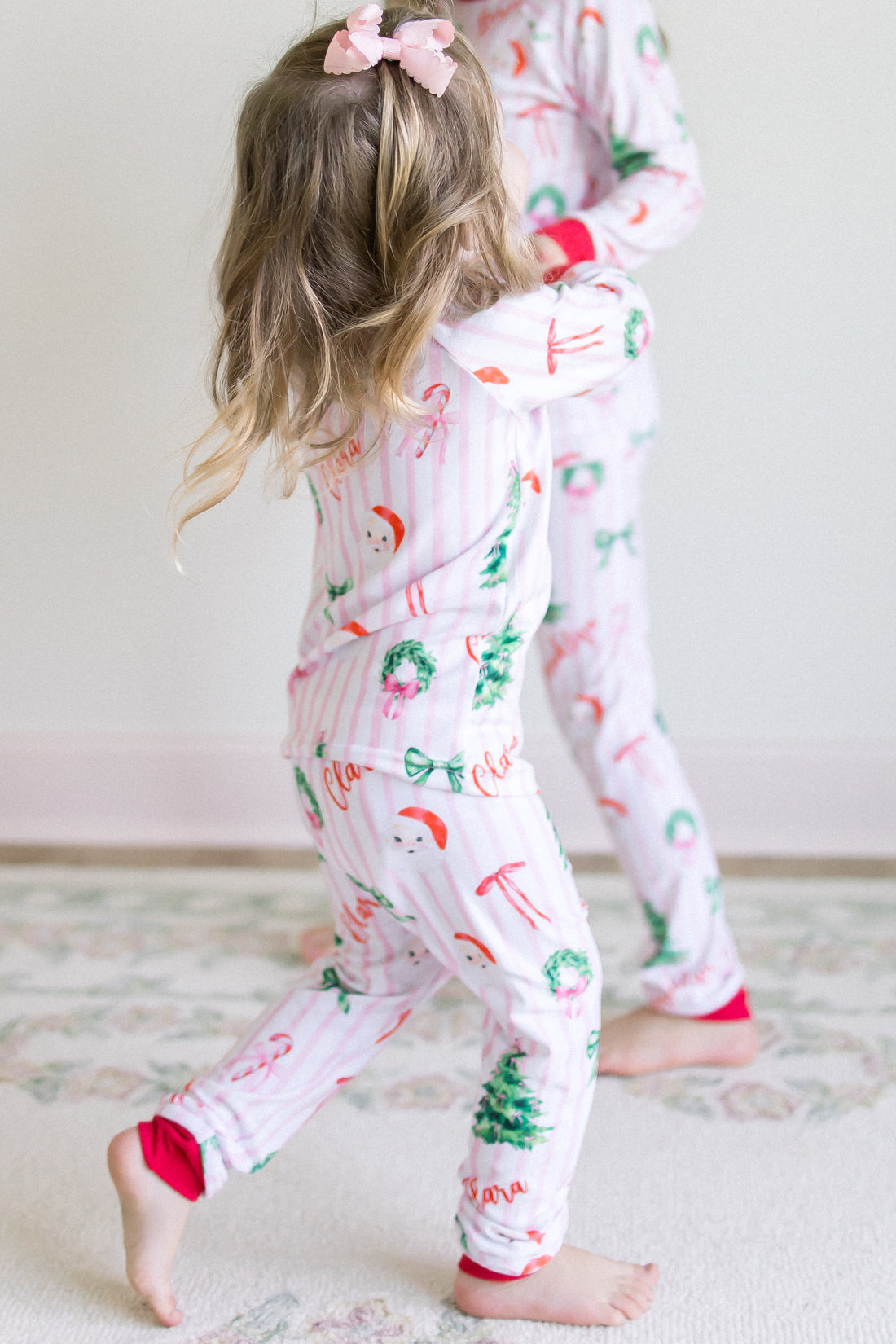 Pink Stripe Santa Pajamas - Personalized Girls Holiday Sleepwear with Cozy Striped Fabric
