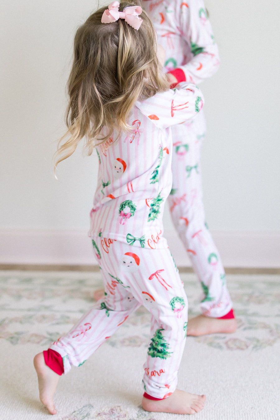 Pink Stripe Santa Pajamas - Personalized Girls Holiday Sleepwear with Cozy Striped Fabric