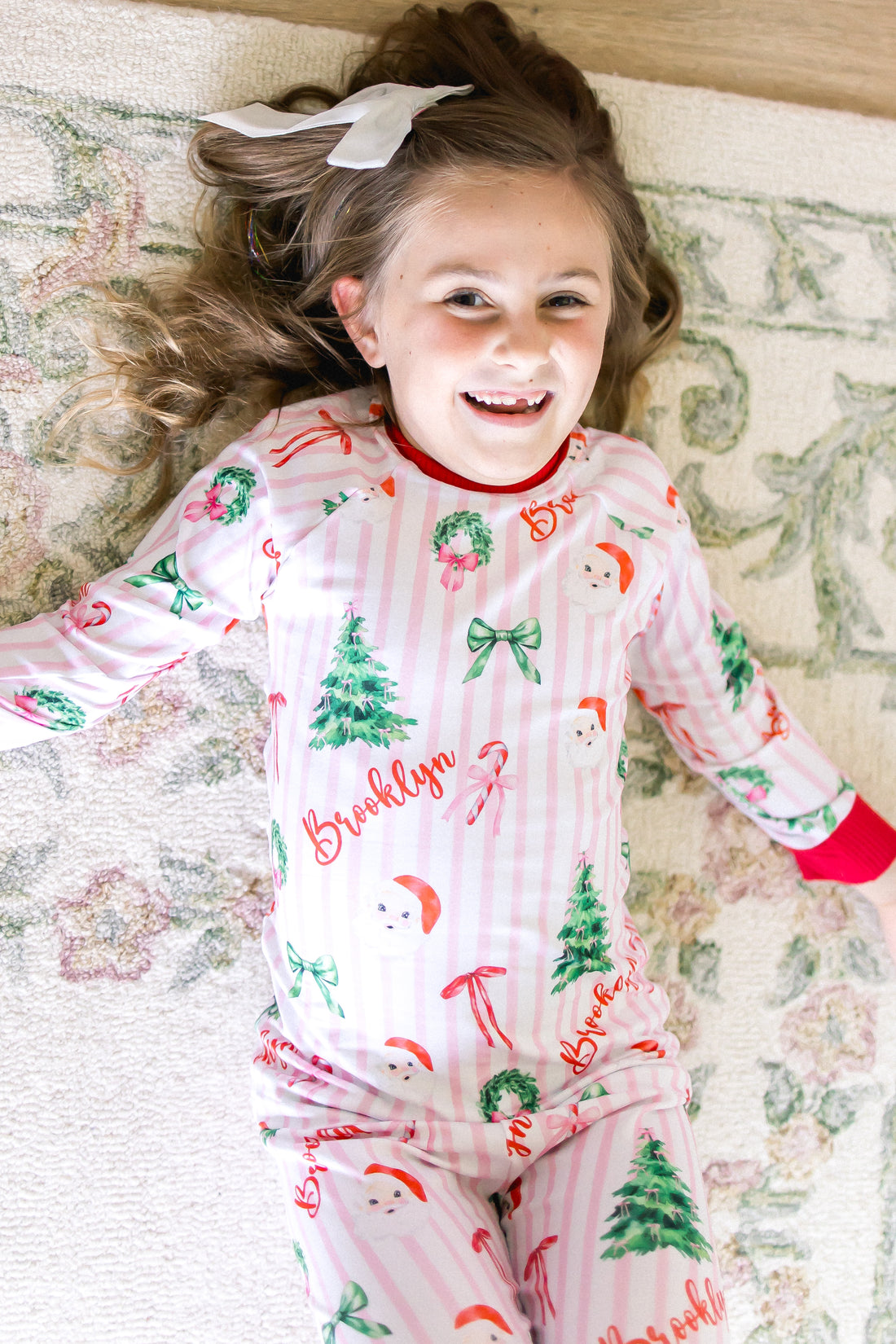 Pink Stripe Santa Pajamas - Personalized Girls Holiday Sleepwear with Cozy Striped Fabric
