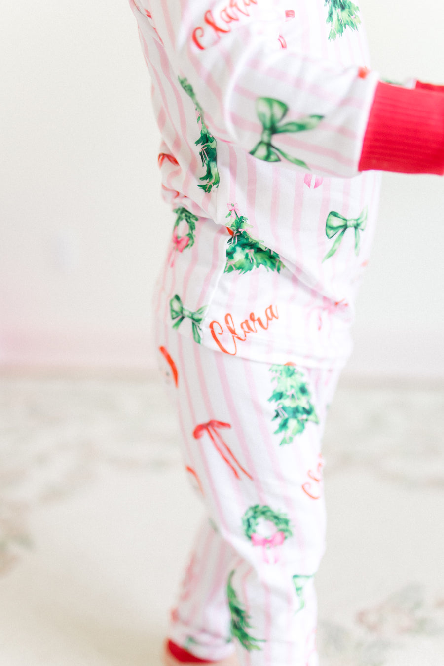 Pink Stripe Santa Pajamas - Personalized Girls Holiday Sleepwear with Cozy Striped Fabric