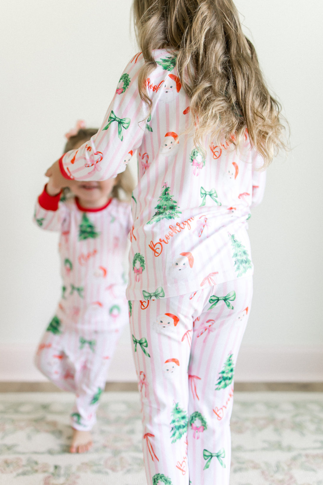 Pink Stripe Santa Pajamas - Personalized Girls Holiday Sleepwear with Cozy Striped Fabric