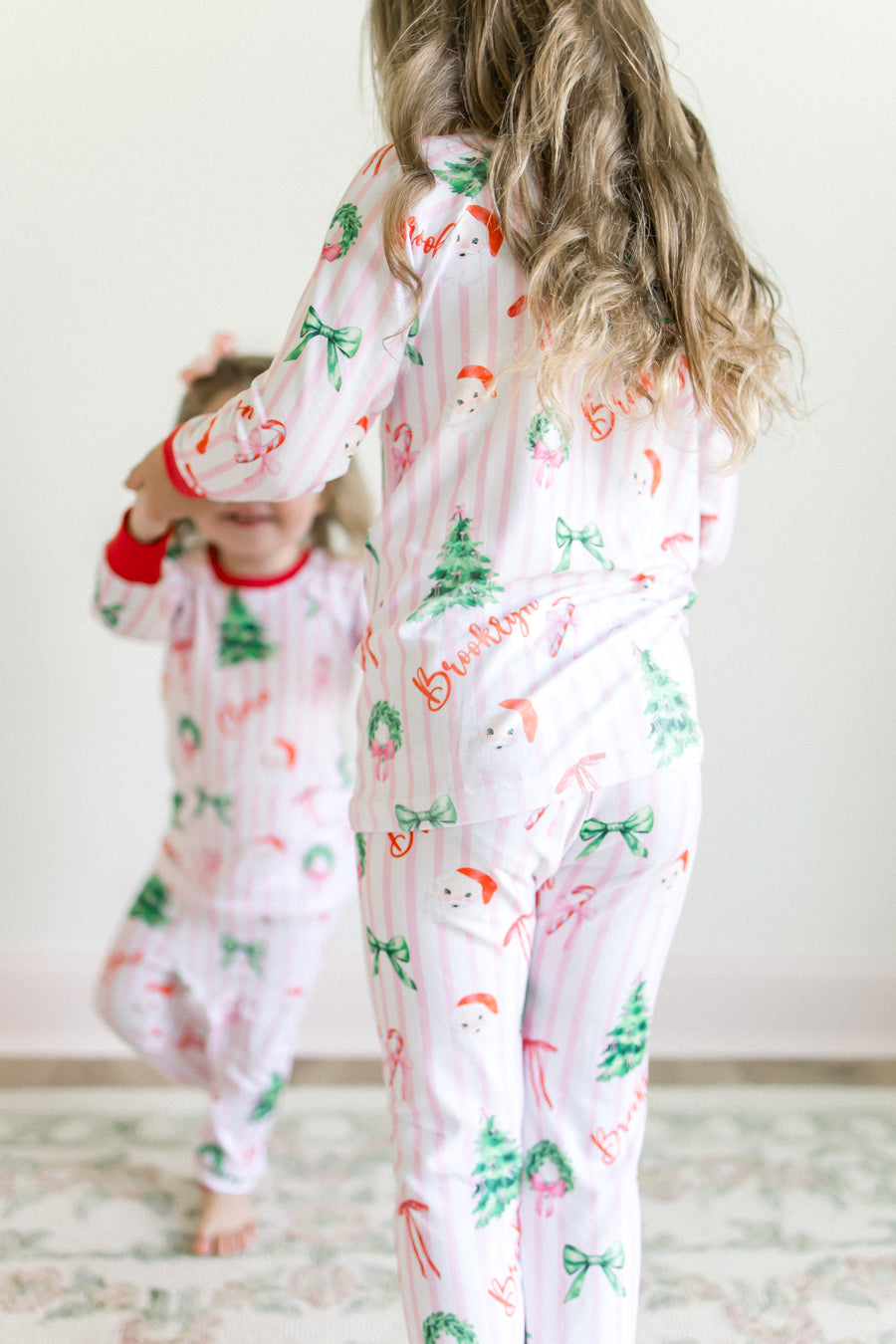 Pink Stripe Santa Pajamas - Personalized Girls Holiday Sleepwear with Cozy Striped Fabric