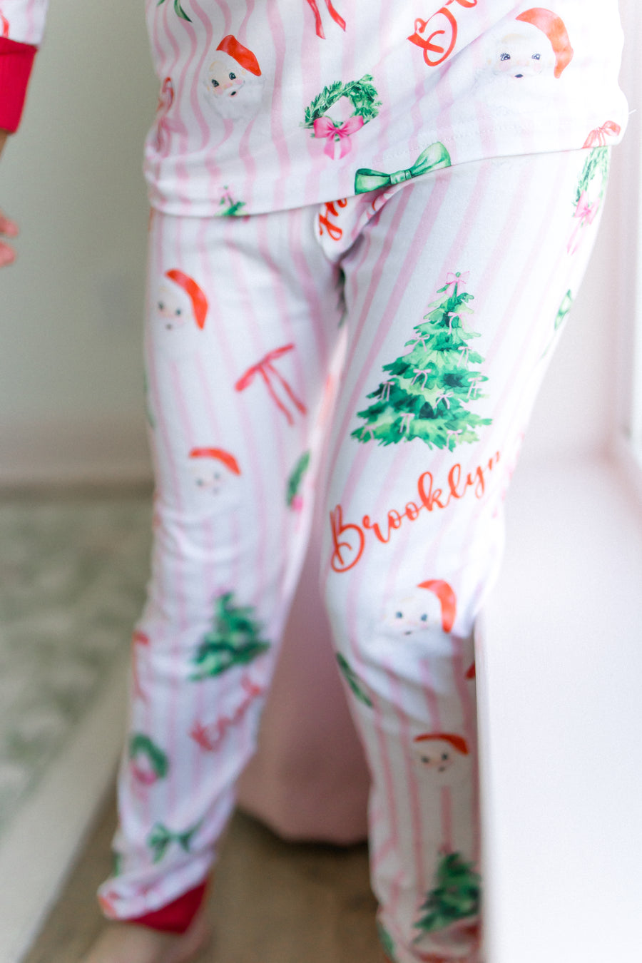 Pink Stripe Santa Pajamas - Personalized Girls Holiday Sleepwear with Cozy Striped Fabric