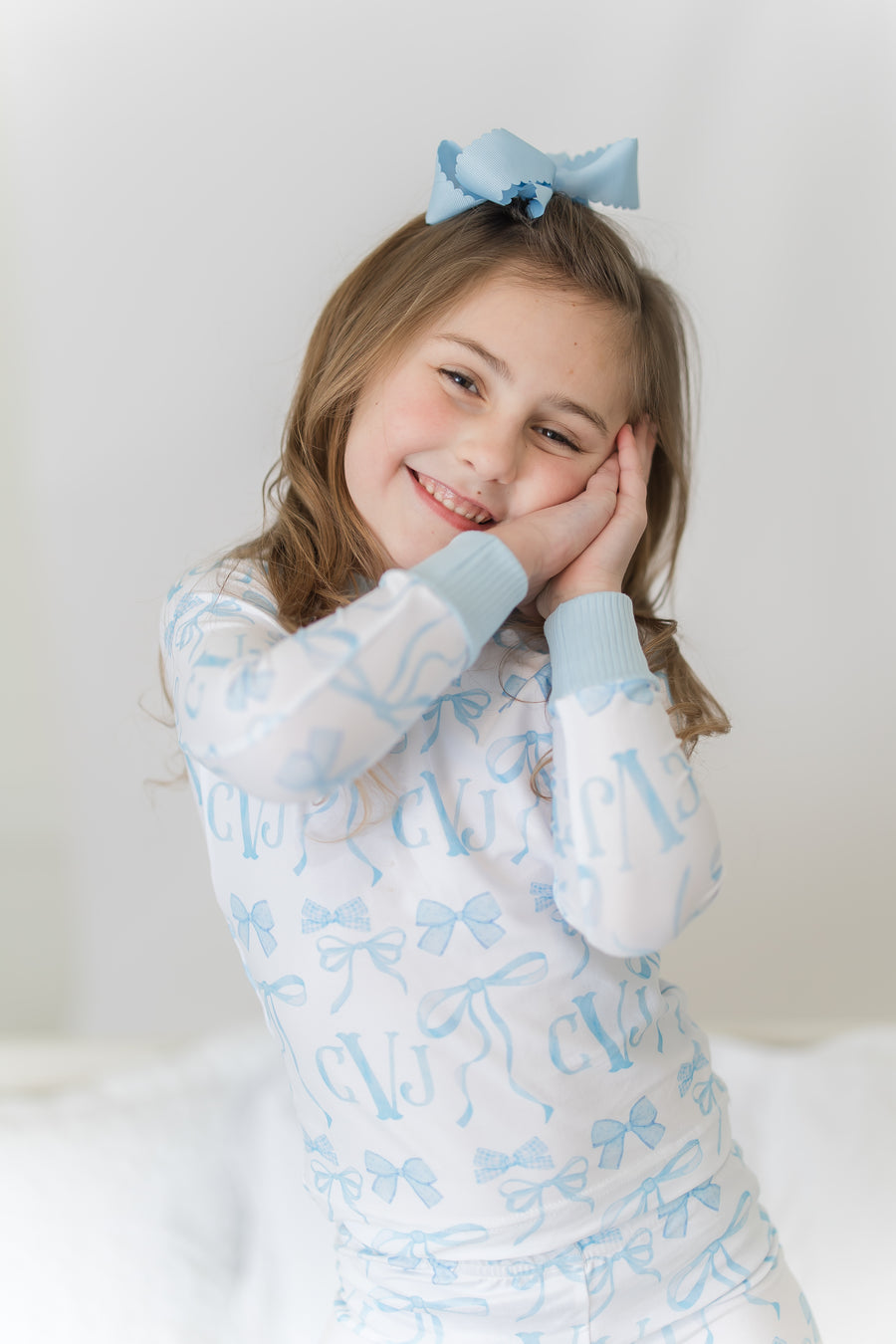 Monogrammed Blue Bows Pajamas for Girls, Soft & Cozy (3 months to kids 14)