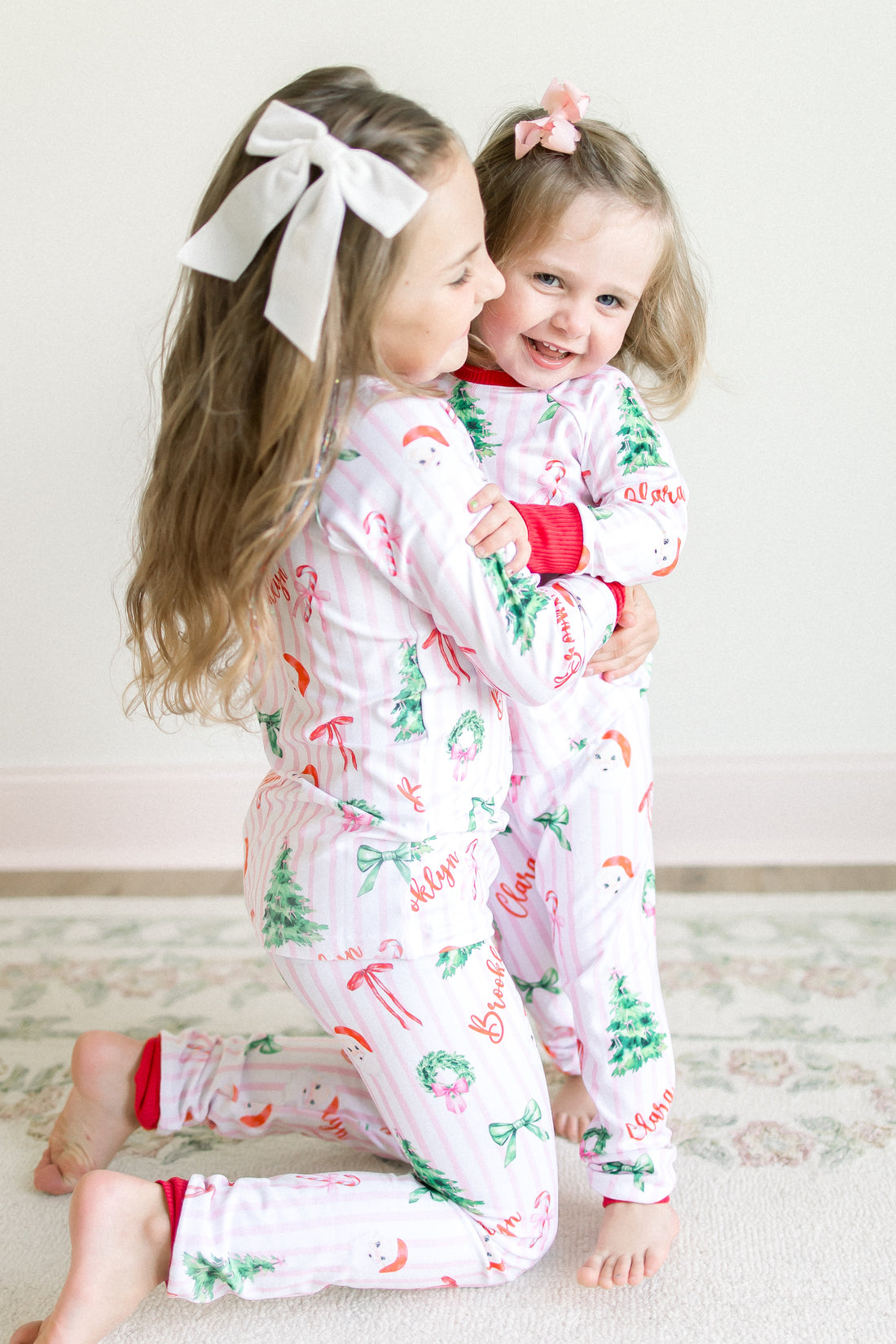 Pink Stripe Santa Pajamas - Personalized Girls Holiday Sleepwear with Cozy Striped Fabric