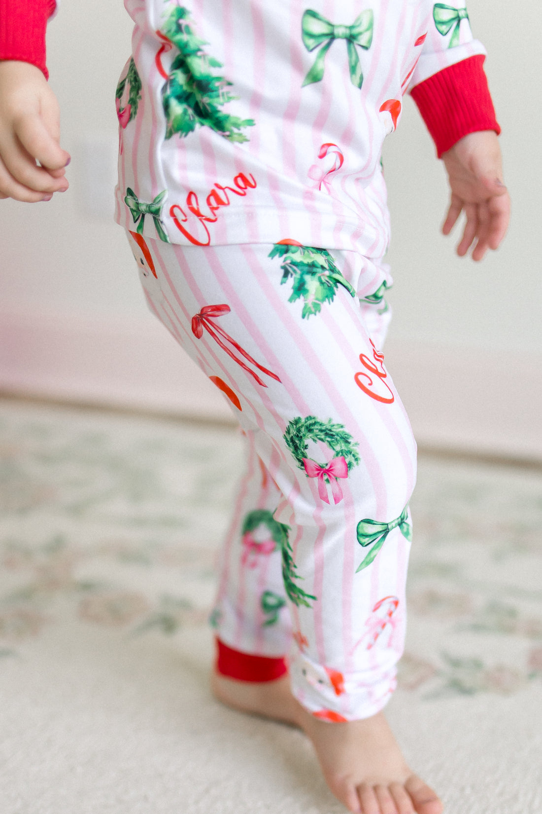 Pink Stripe Santa Pajamas - Personalized Girls Holiday Sleepwear with Cozy Striped Fabric